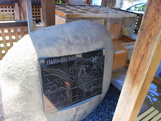 足湯の横の日本最古の温泉記号図