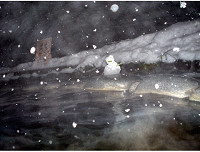 千手温泉千年の湯の露天風呂と雪だるま　撮影者　ぽこぽこ温泉のがっちゃん